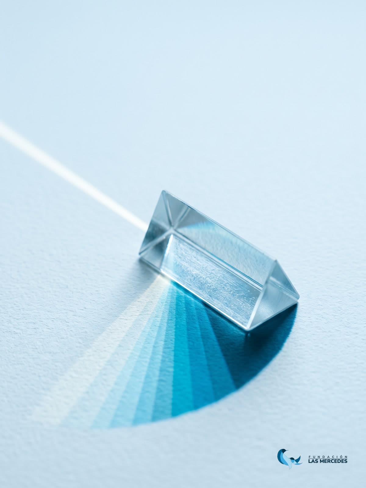 Un prisma de vidrio descompone un haz de luz en un abanico de azules sobre papel